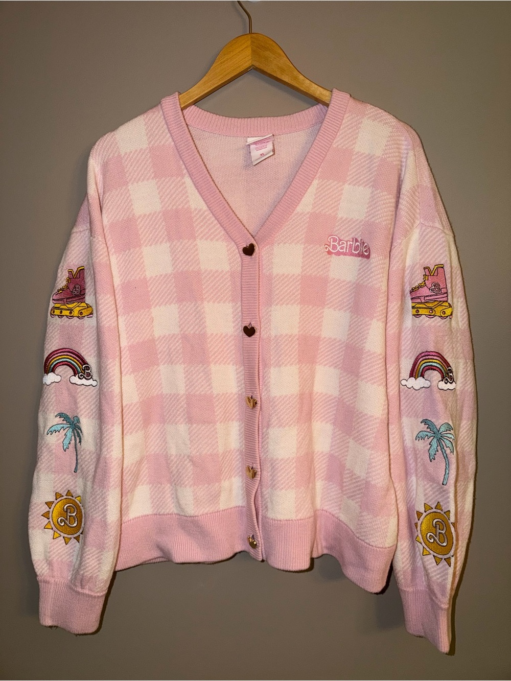 Barbie The Movie Hot Topic Pink Gingham Plaid Knit Sweater Cardigan XL - Picture 2 of 8